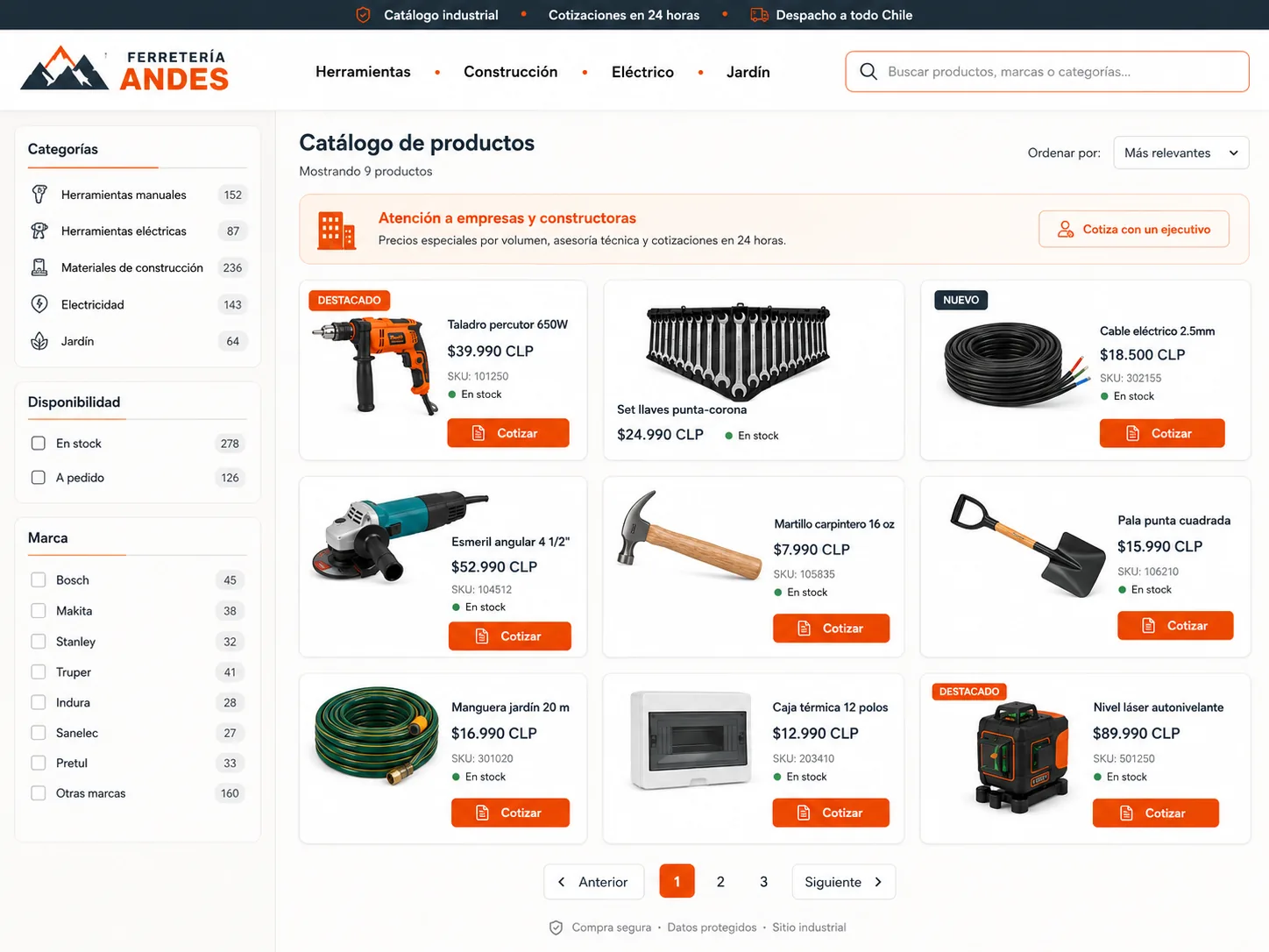 Demo de catálogo navegable para Ferretería Andes con categorías, filtros, stock, fichas de productos y cotización