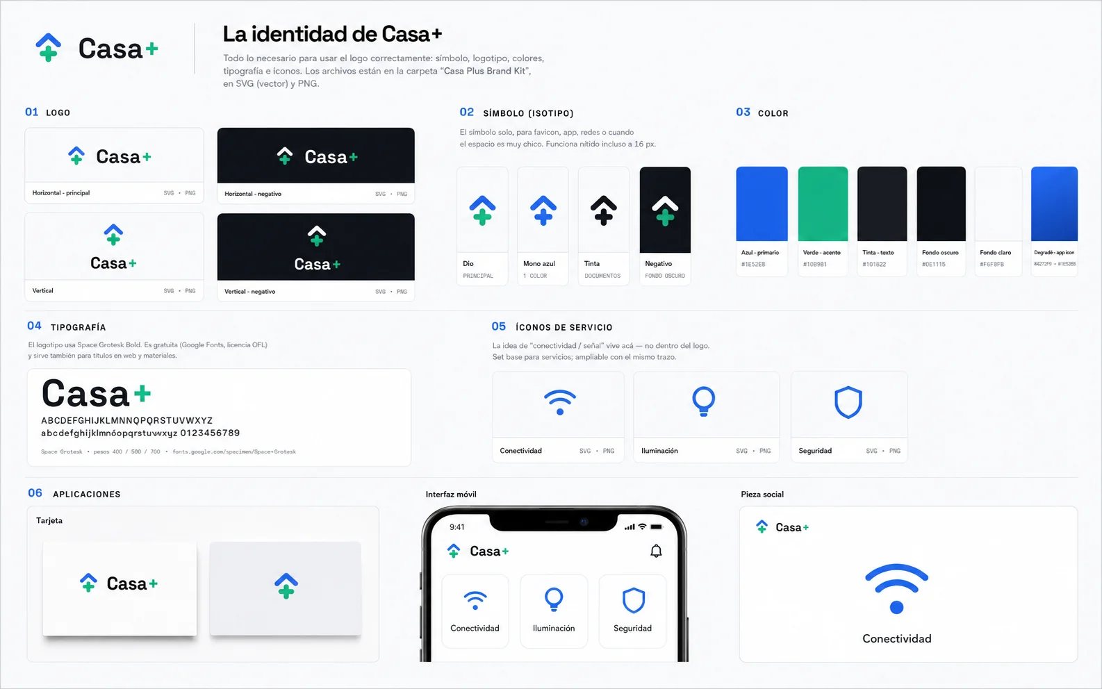Kit de marca Casa+ completo con variantes de logo, símbolo, colores, tipografía, íconos y aplicaciones