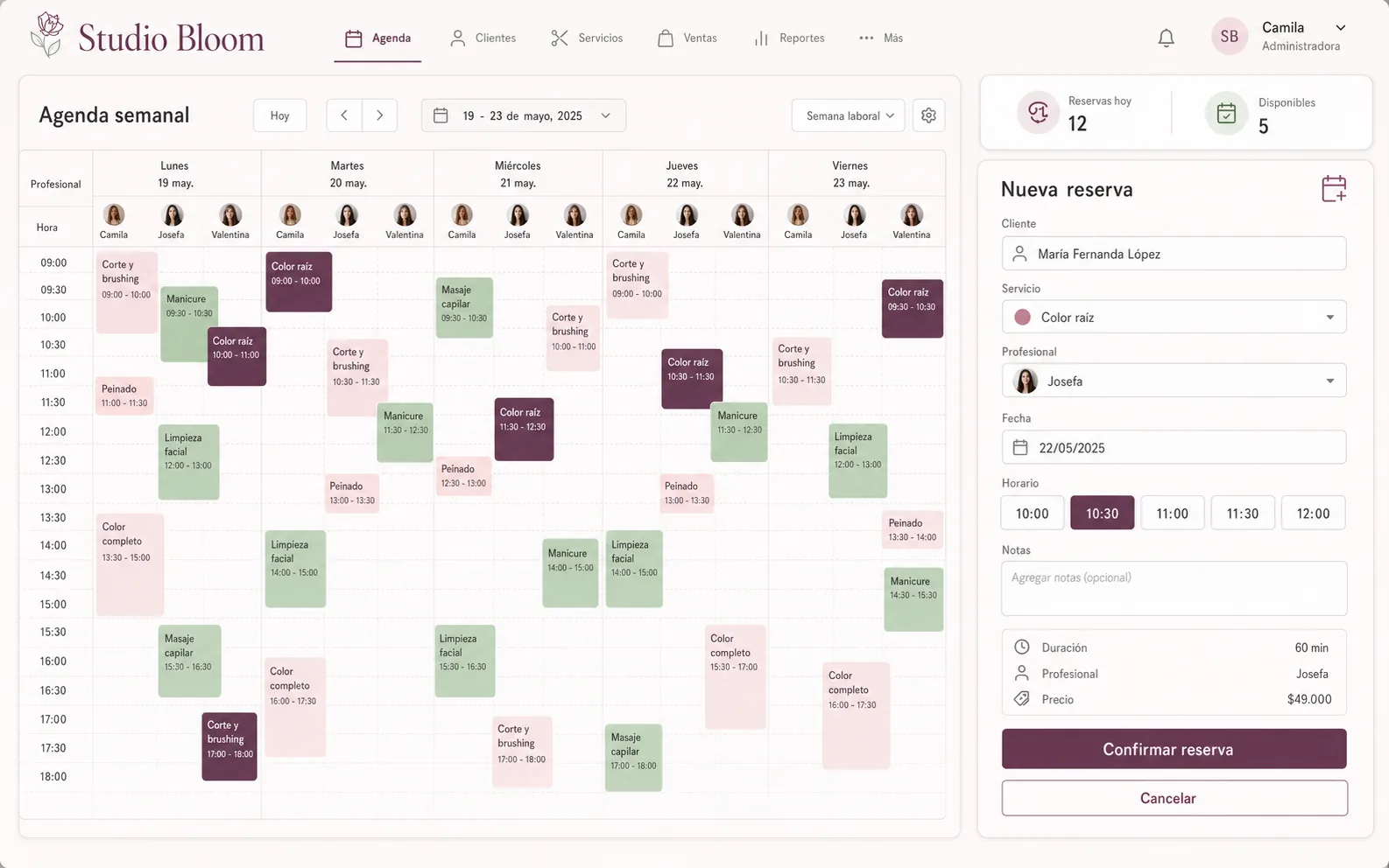 Demo de agenda para Studio Bloom con calendario semanal, disponibilidad y nueva reserva