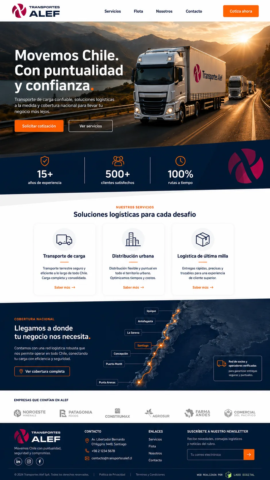 Web construida para Transportes Alef: cobertura, confianza y formulario de cotización
